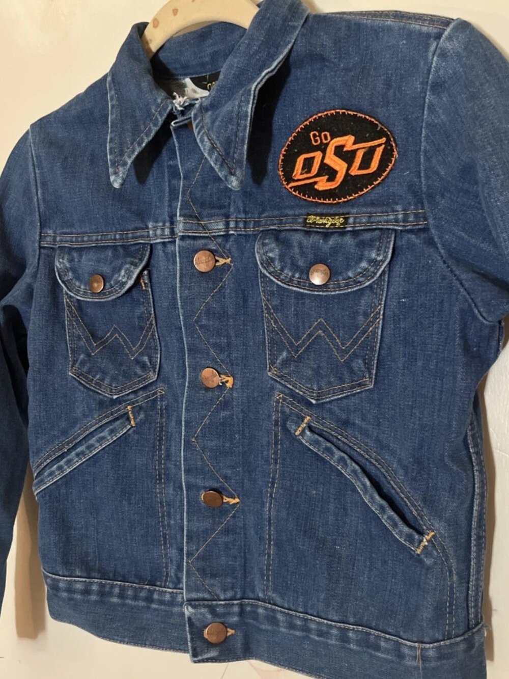 OSU Oklahoma State Wrangler Girls Denim Embroidered USA Made Jean Jacket sz 16.